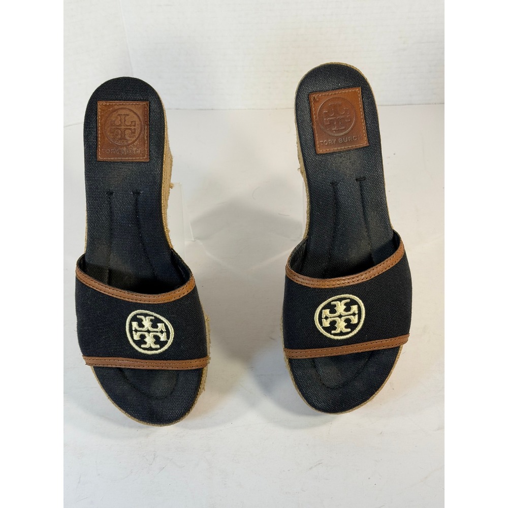 Tory Burch Black Canvas Leather Espadrille Wedge Sandals Logo Slides Womens 6M